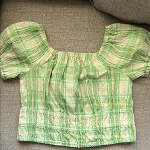 Green Plaid Puff Sleeve Top